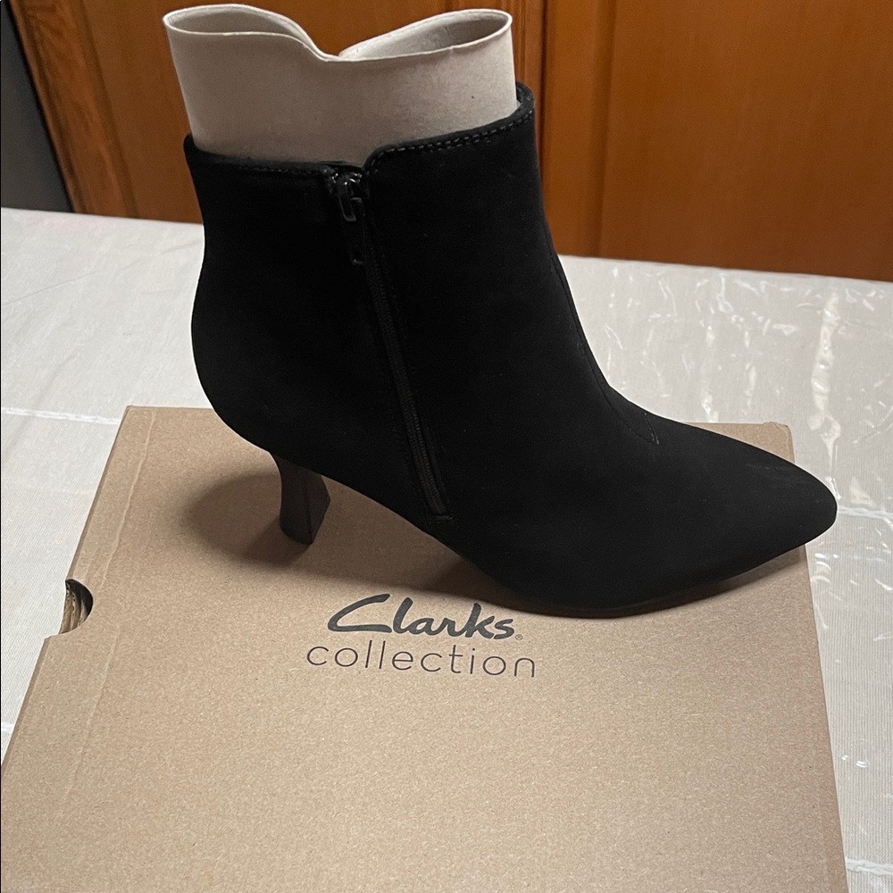 Clarks Elegant Black Suede Heeled Boots
